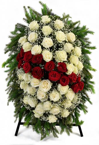 Эксклюзивный траурный венок с красными розами и золотой лентой в Алматы