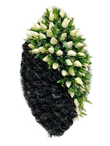 Похоронный венок с искусственными цветами и белой лентой в Алматы